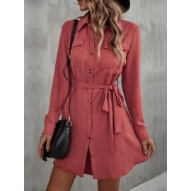 Flap Pocket Belted Shirt Dress