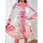 Paisley Print Bishop Sleeve Ruffle Hem Dress