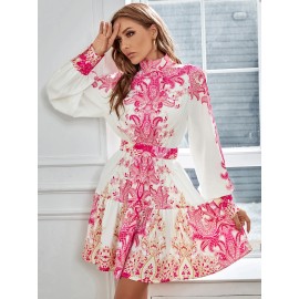 Paisley Print Bishop Sleeve Ruffle Hem Dress