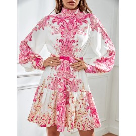 Paisley Print Bishop Sleeve Ruffle Hem Dress