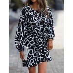 Allover Letter Graphic Bishop Sleeve Belted Dress