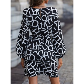 Allover Letter Graphic Bishop Sleeve Belted Dress