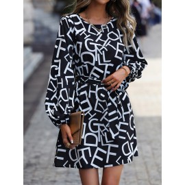 Allover Letter Graphic Bishop Sleeve Belted Dress