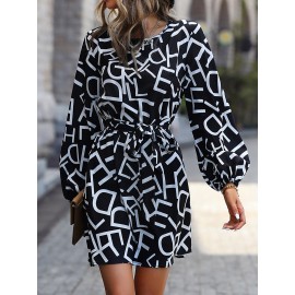 Allover Letter Graphic Bishop Sleeve Belted Dress