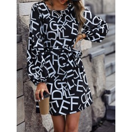 Allover Letter Graphic Bishop Sleeve Belted Dress