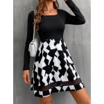 Geo Print Contrast Mesh A-line Dress