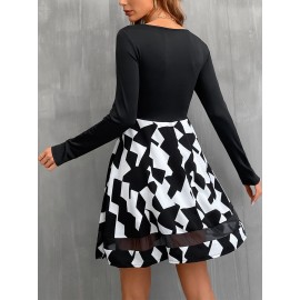 Geo Print Contrast Mesh A-line Dress