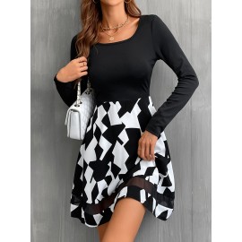 Geo Print Contrast Mesh A-line Dress