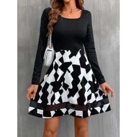 Geo Print Contrast Mesh A-line Dress