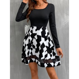 Geo Print Contrast Mesh A-line Dress