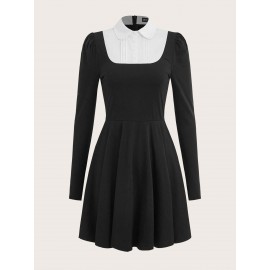 2 In 1 Contrast Collar Puff Sleeve Dress Without Tie