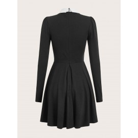 2 In 1 Contrast Collar Puff Sleeve Dress Without Tie