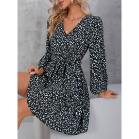 Floral Lantern Sleeve Belted Dress