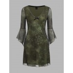 Floral Print Flounce Sleeve Mesh Dress
