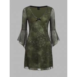 Floral Print Flounce Sleeve Mesh Dress