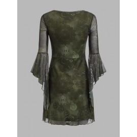Floral Print Flounce Sleeve Mesh Dress